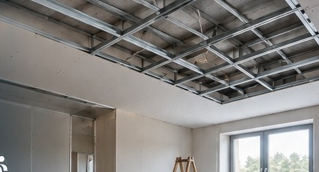 Gipszkarton álmennyezet építés közben, látható fém bordákkal